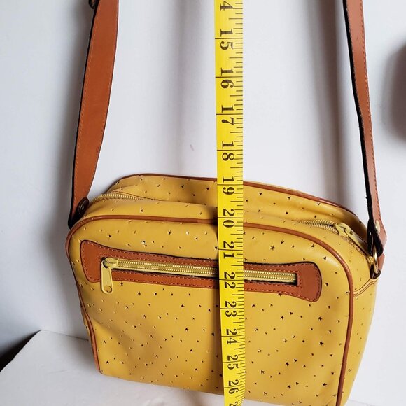 Leather VINTAGE ITALIAN Bag 80s Retro Crossbody Boxy Mustard Yellow Tan Brown - Picture 5 of 16